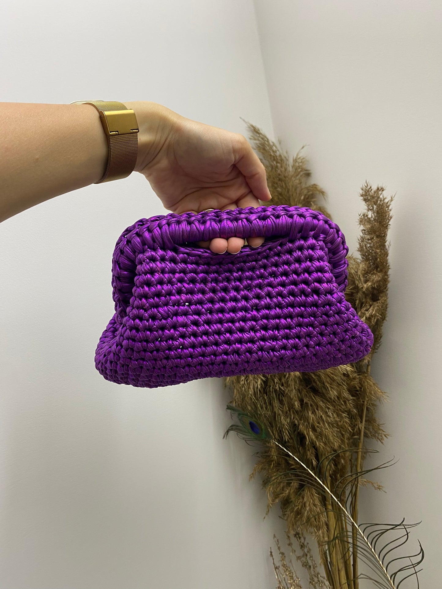 Borsa Pochette media viola lurex in cotone fatta a mano
