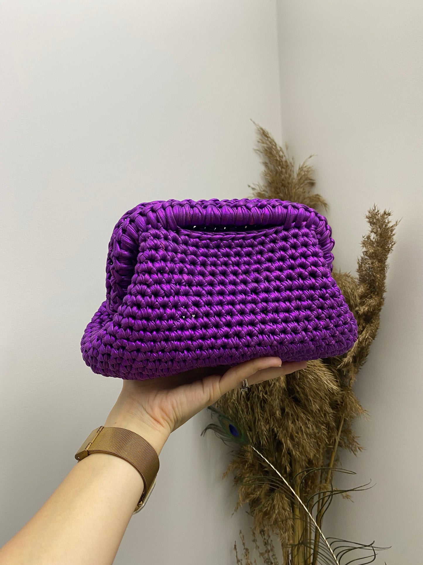 Borsa Pochette media viola lurex in cotone fatta a mano
